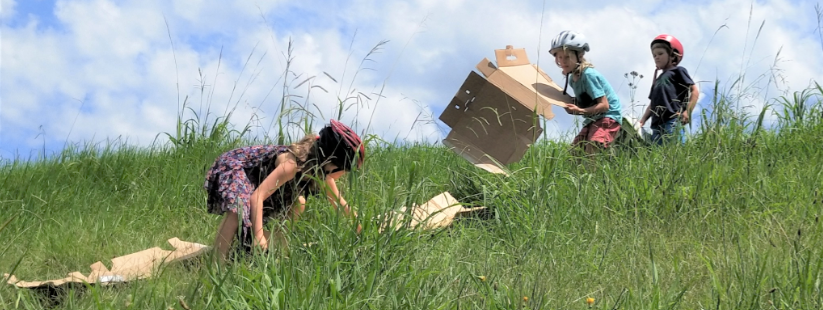 kids playng with cardboard boxes on a hill